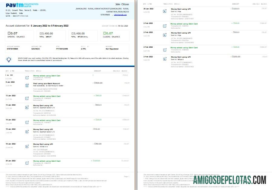 Modelo de extrato bancário de pagamentos Paytm da Índia em branco, formato Word e PDF, 2 páginas, versão 2